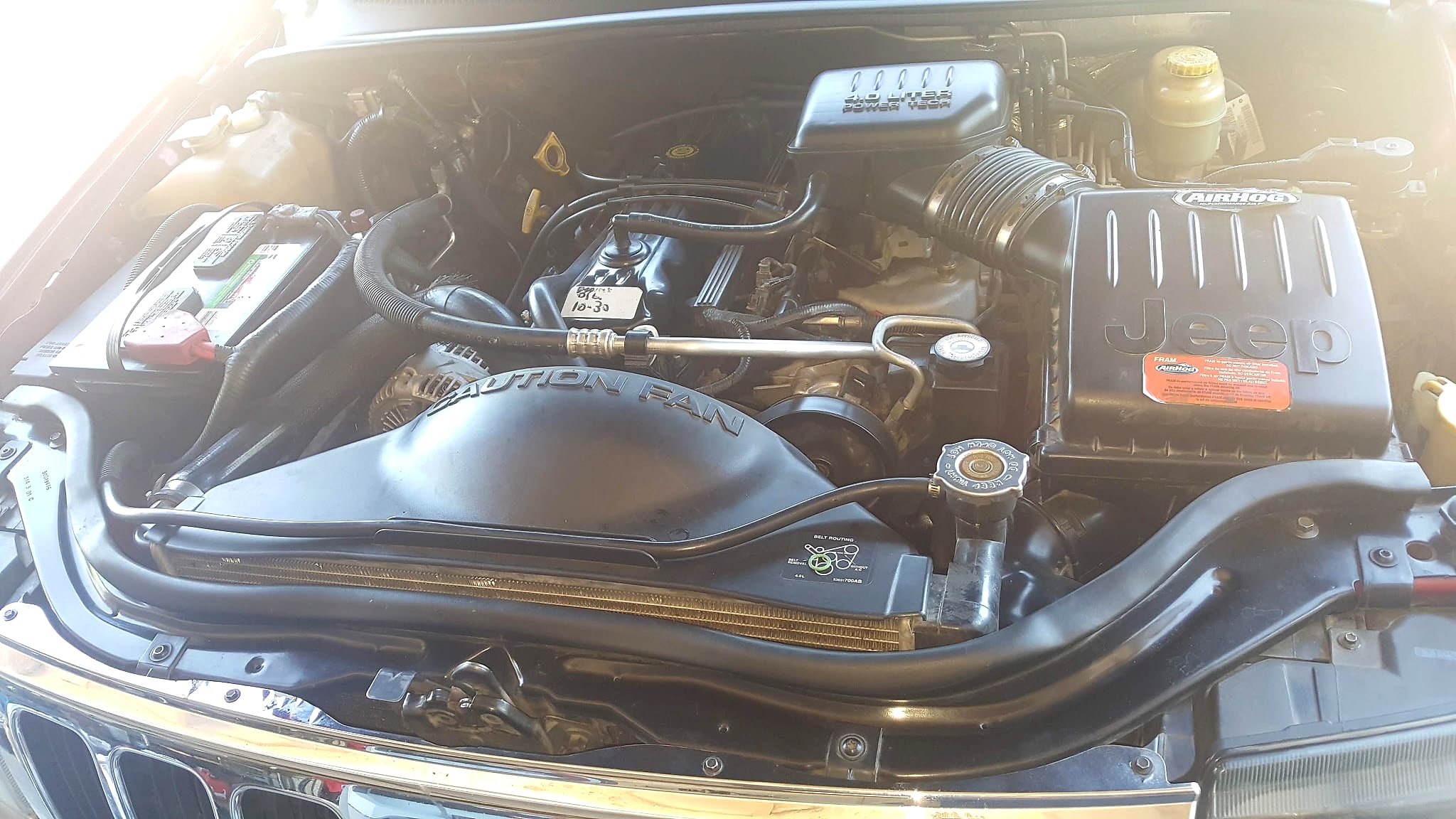 Jeep engine bay, hood up